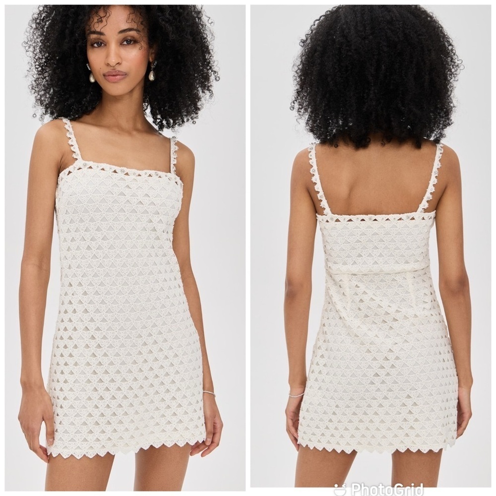 LoveShackFancy Camara Rhinestone Cotton Lace Mini Dress in Optic White NEW